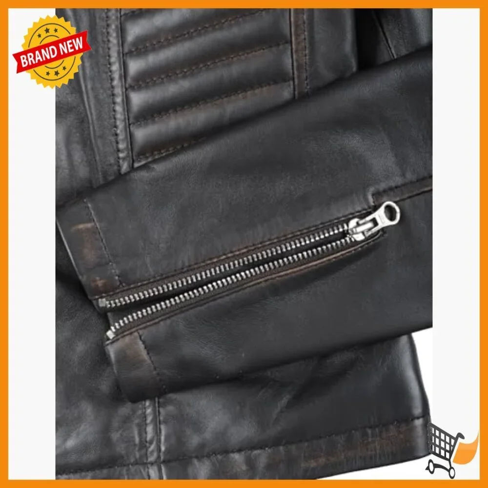 Lambskin Leather Jacket Women's Cafe Racer Stand Collar Zipper Pockets